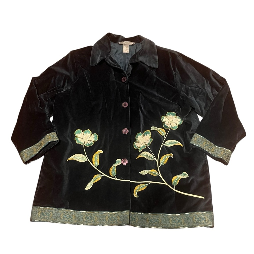 Jessica Holbrook Women Medium‎ Blazer Jacket Green Floral Embroidered Velvet